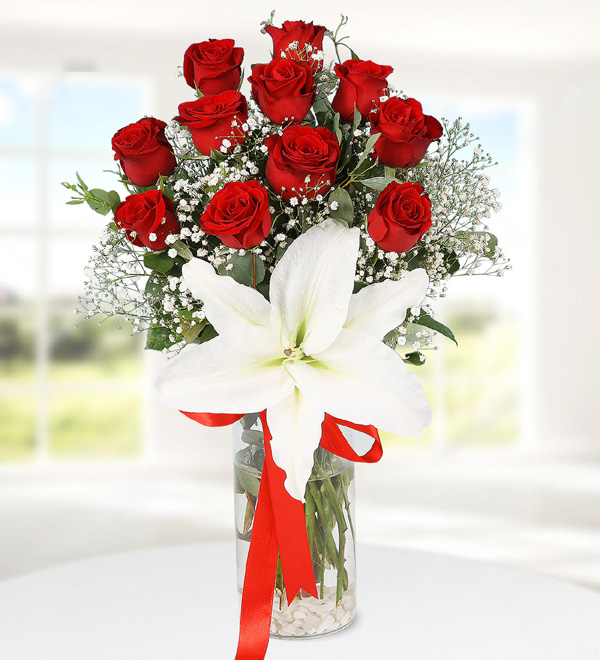Red Roses and Lilium in Vase