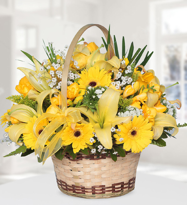 Yellow Lilies and Gerberas in Basket