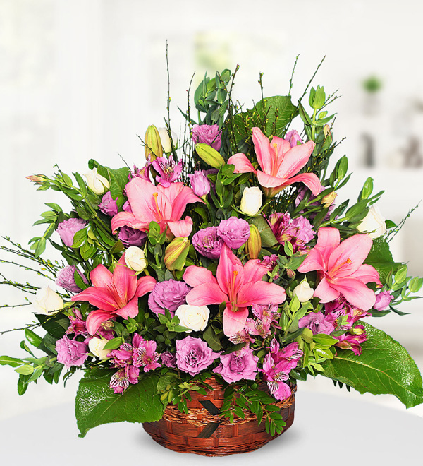 Lilies and Lisianthus in Basket