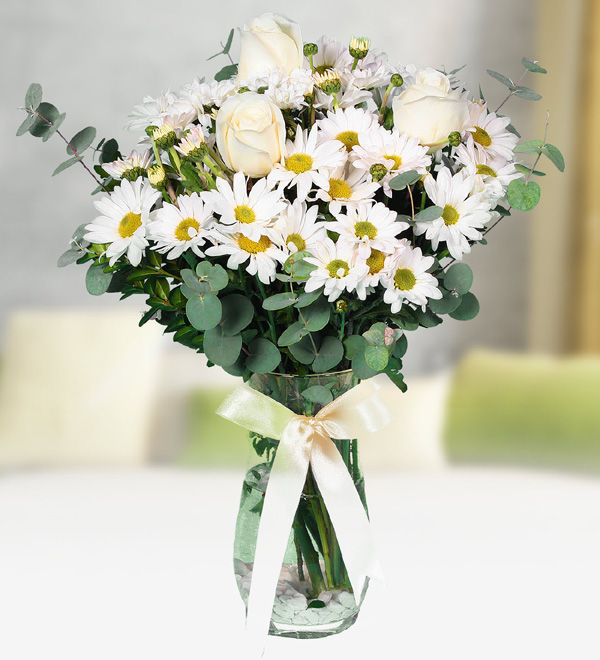 White Chrysanthemums and Roses in Vase