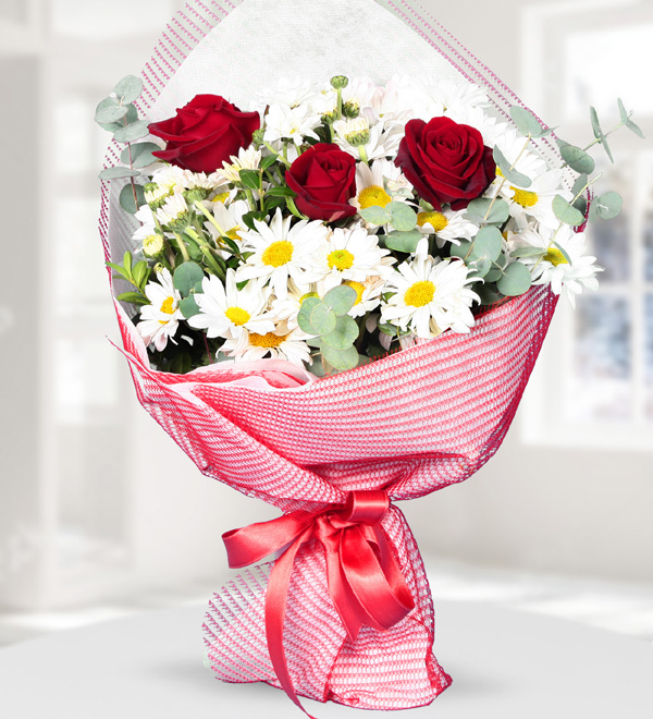 Bouquet of Chrysanthemums and Red Roses