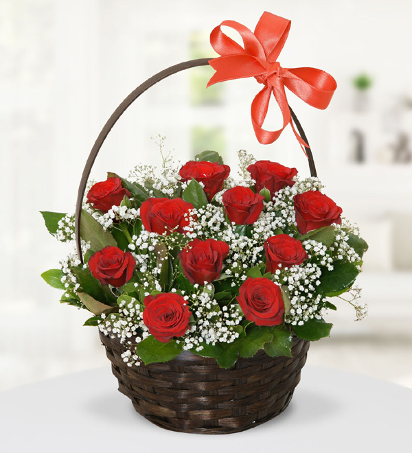 Flower Basket with Red Roses