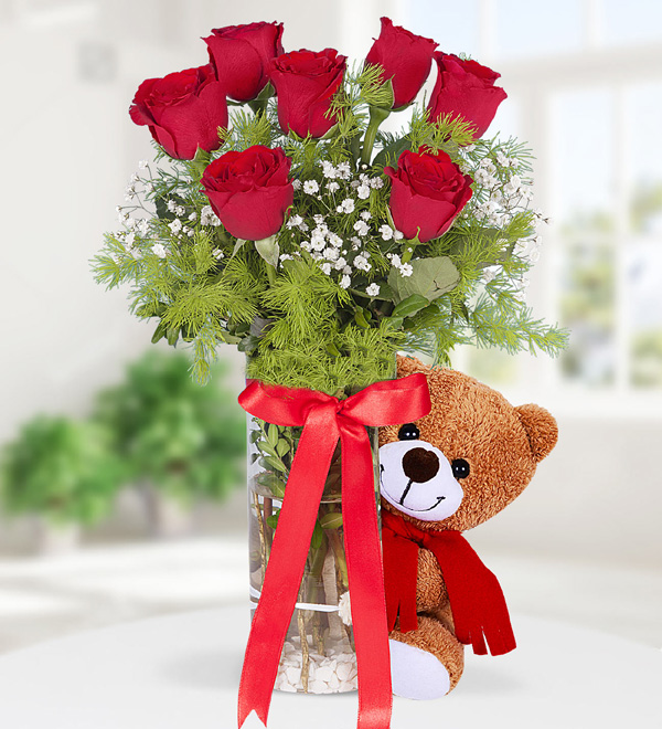 7 Red Roses and Teddy Bear in Vase