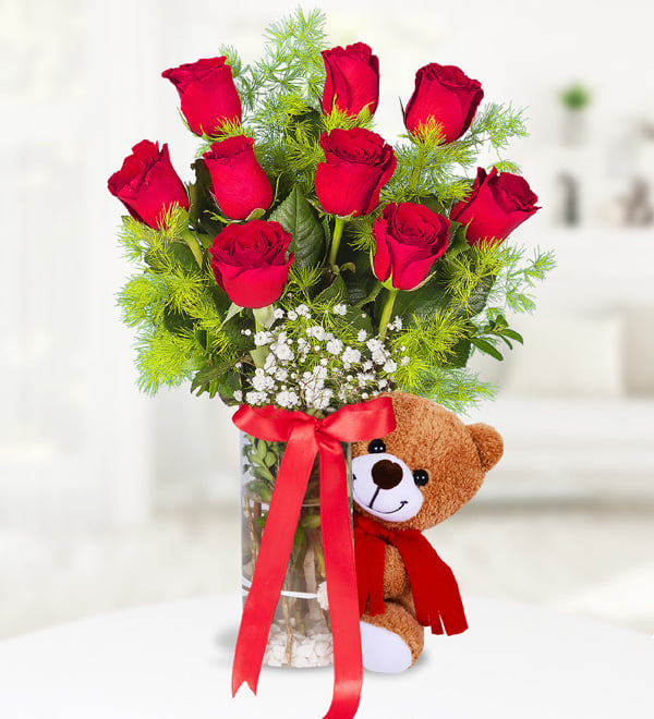 9 Red Roses in Vase and Teddy Bear