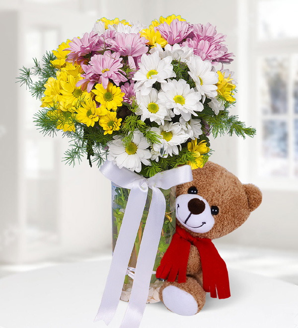 Daisies in Vase and Tedy Bear