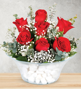 7 Red Roses and Evil Eyes in Glass Bowl