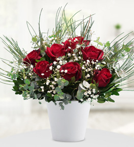 Red Roses in Ceramic Vase