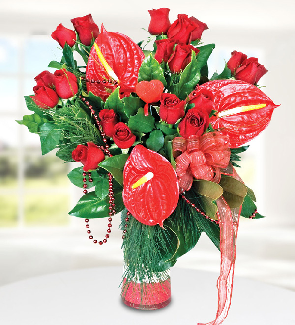 Red Anthurium and Roses in Vase