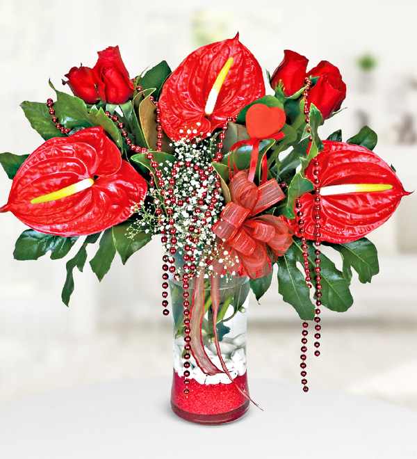 Red Roses and Anthuriums in Vase