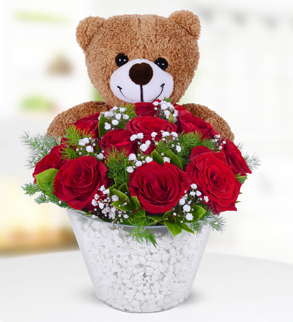 12 Red Roses and Teddy Bear in Glass Bowl