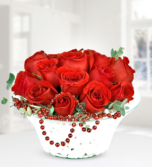 12 Red Roses in Glass Bowl