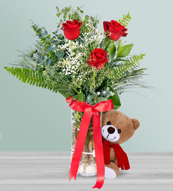 3 Red Roses and Teddy Bear in Vase