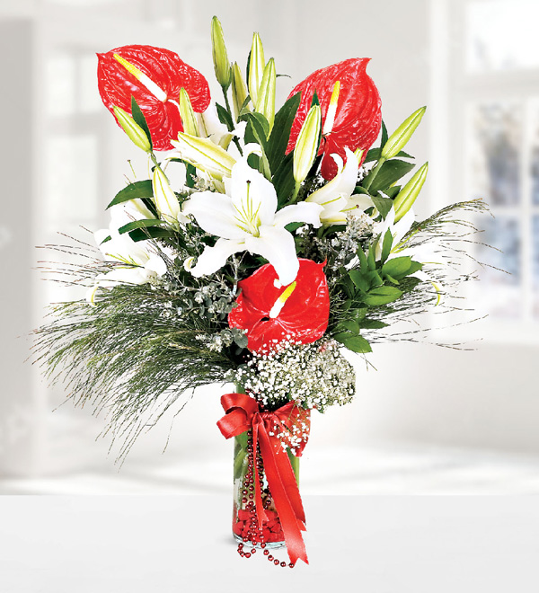 Red Anthurium and White Liliums in Vase