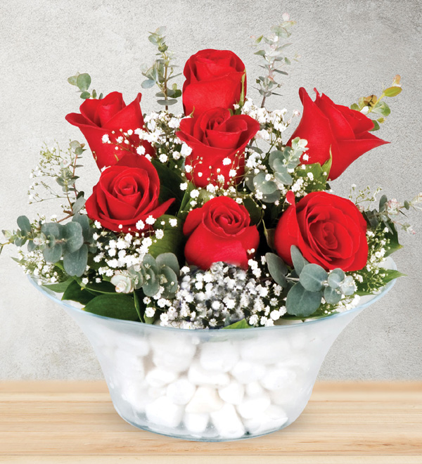 7 Red Roses and Evil Eyes in Glass Bowl