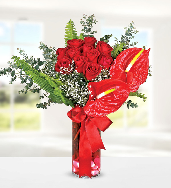 Red Rose Anthurium in Vase