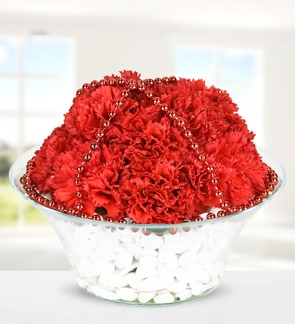 Carnations and Evil Eyes in Glass Bowl