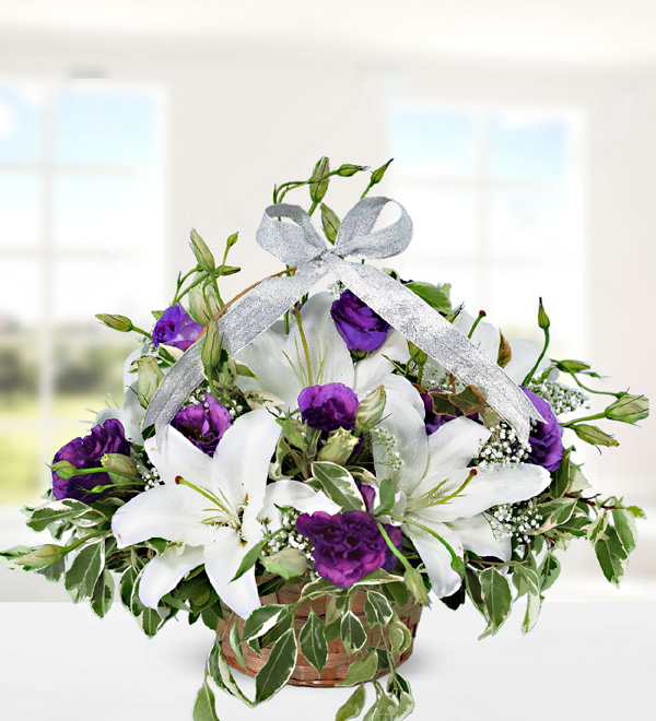 White Lilium Purple Lisianthus Basket