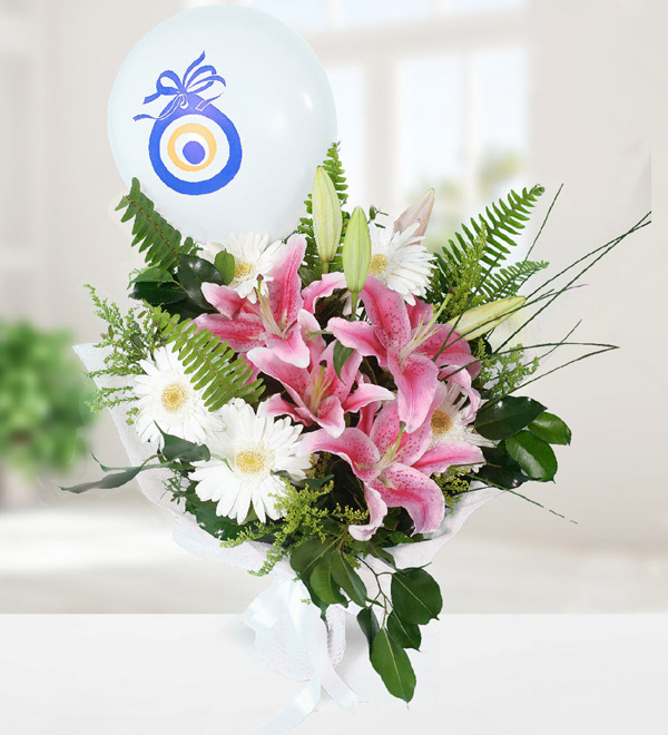 Lilies and White Gerberas with Balloon