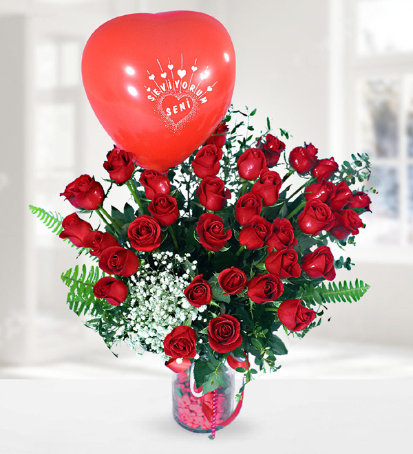 40 Red Roses and Balloon