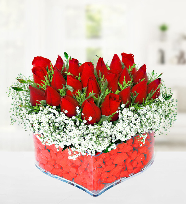 23 Red Roses in Heart Shaped Vase