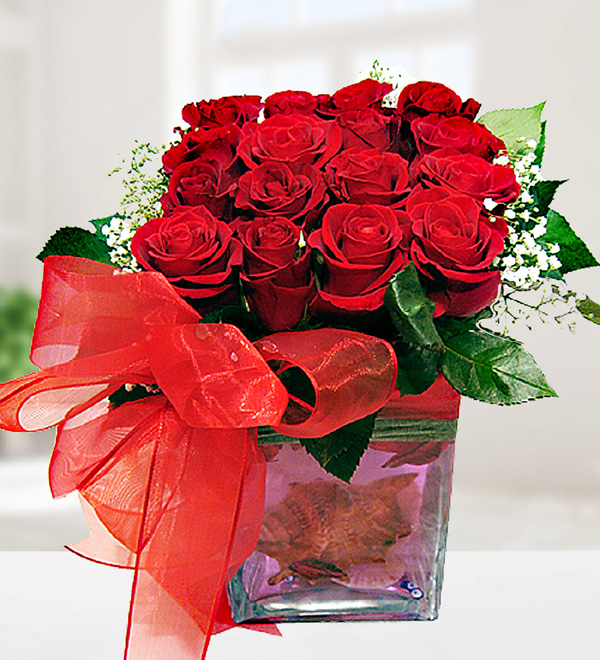 Red Roses in Square Vase