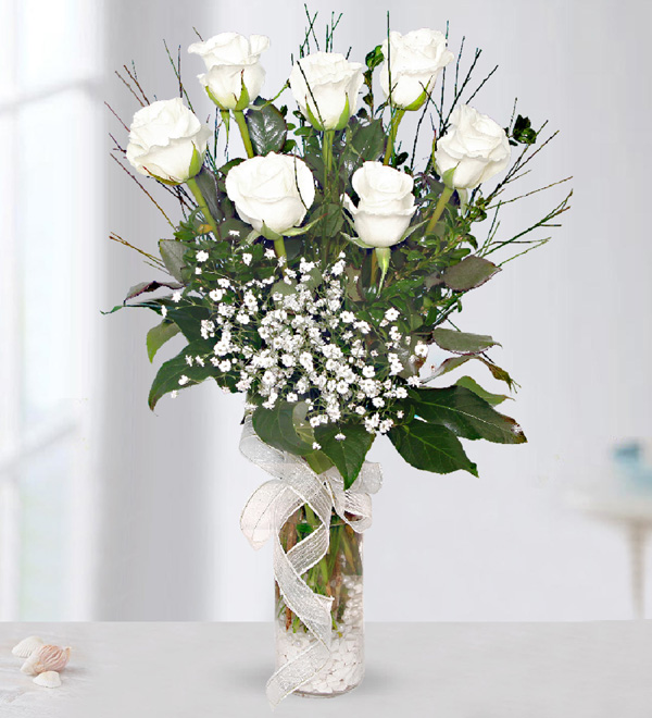 7 White Roses in Vase