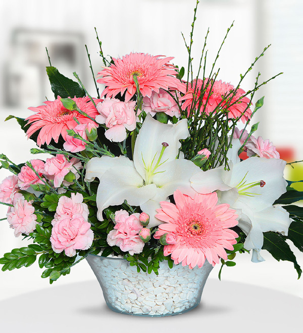 White Lilies Pink Gerberas and Carnations