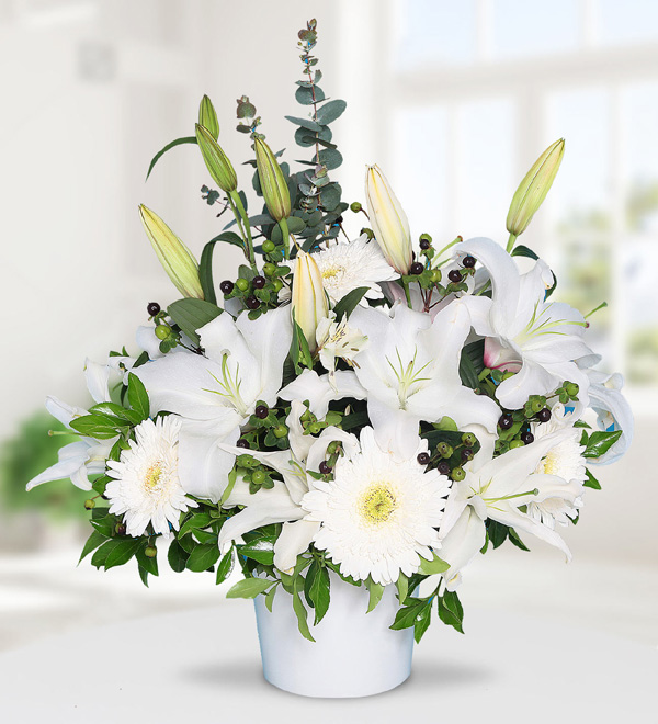 White Lilies and Gerbera in Ceramic Vase