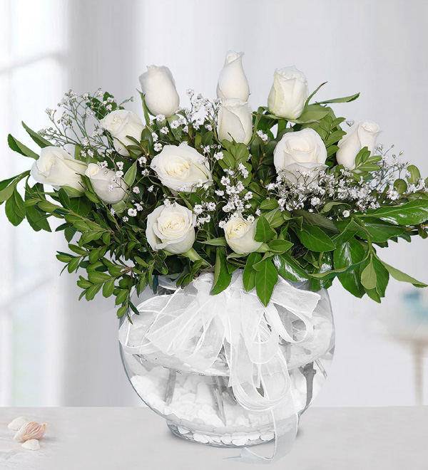 White Roses in Bell Glass