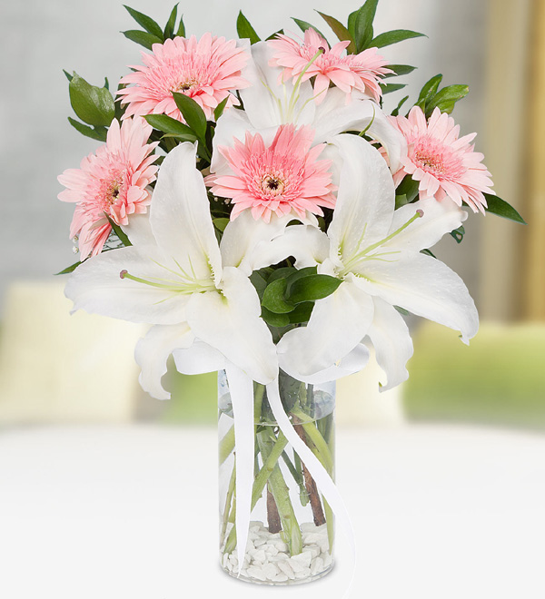 White Liliums and Pink Gerbera Arrangement