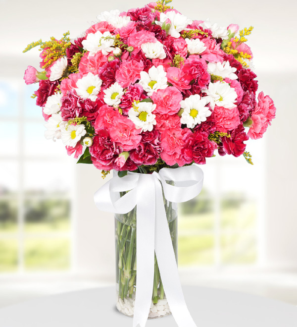 Pink Carnations and Daisy in Vase