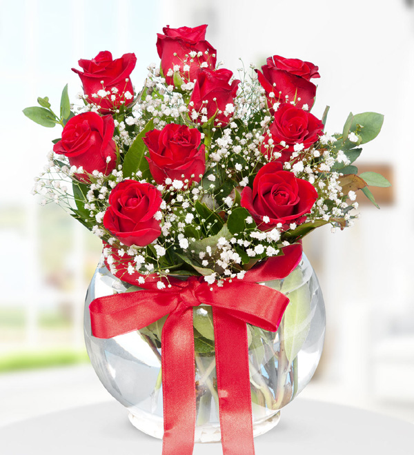 9 Red Roses in Bell Glass
