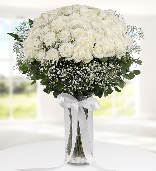 51 White Roses in Vase