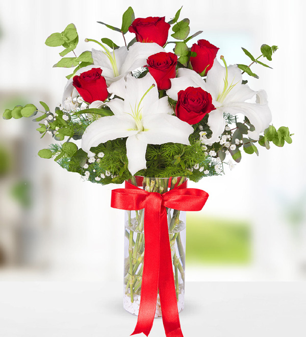 Red Rose and White Lilium