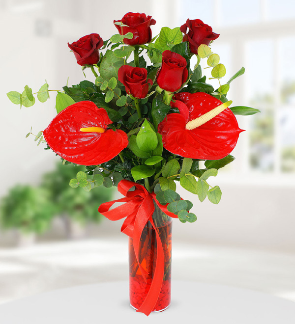 Anthuriums and Roses in Vase