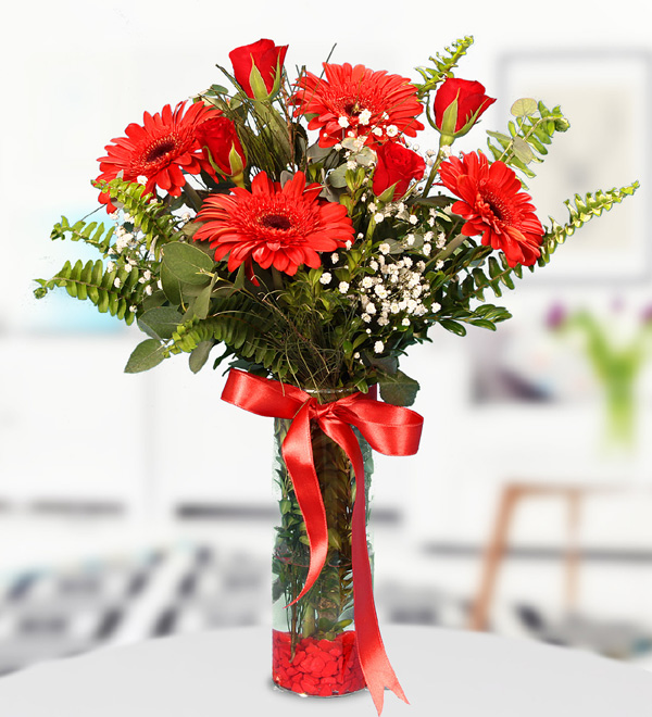 Red Gerberas and Roses in Vase