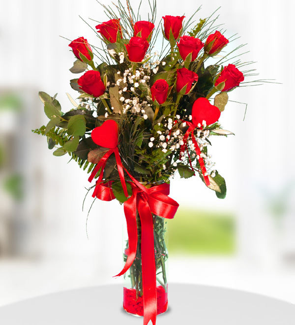 11 Red Roses in Vase with Hearts