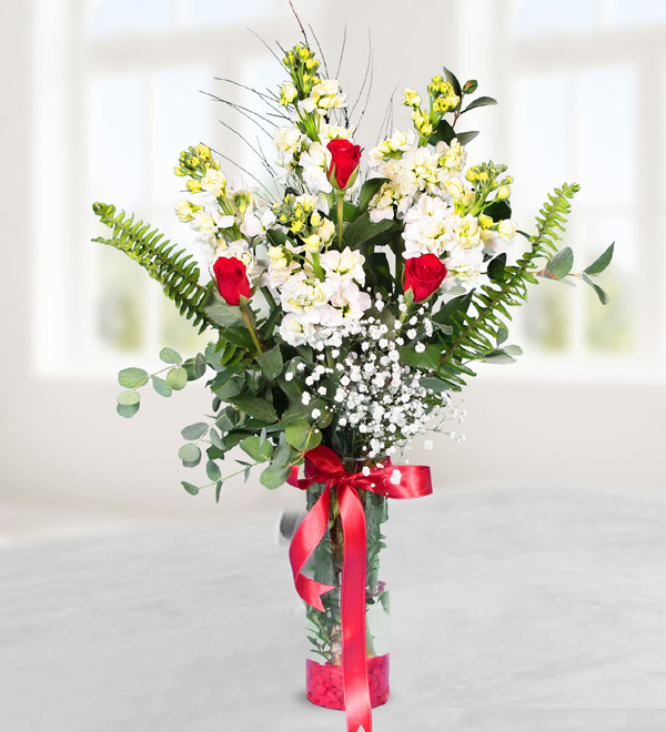 Gillyflowers and Roses in Vase