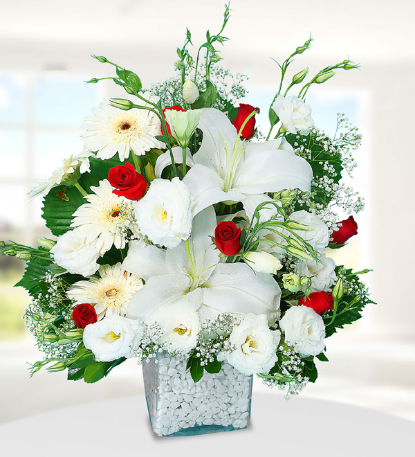 White Lilium Gerberas and Roses