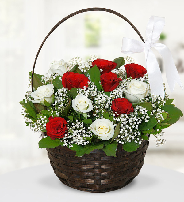 Flower Basket with Red and white Roses