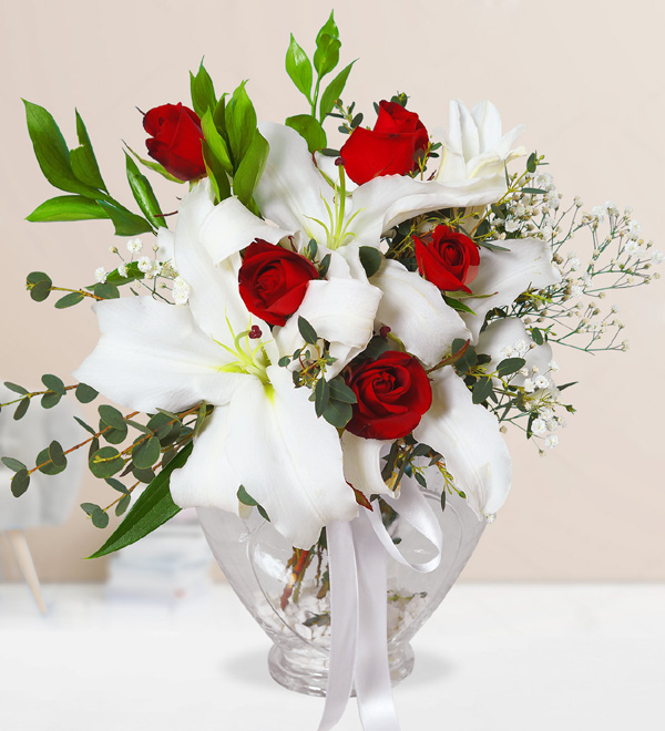 Roses and Liliums in Heart Vase