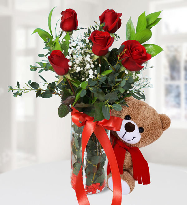 5 Red Roses and Teddy Bear in Vase