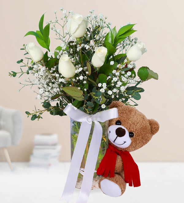5 White Roses and Teddy Bear in Vase