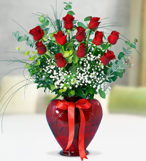 11 Red Roses in Heart Vase