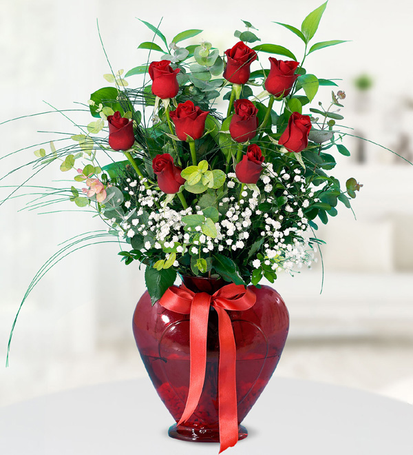 9 Red Roses in Heart Vase