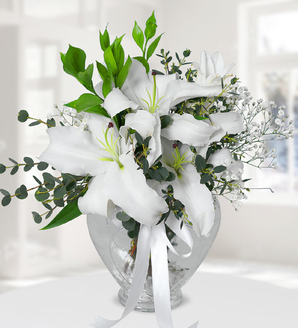 White Liliums in Heart Vase