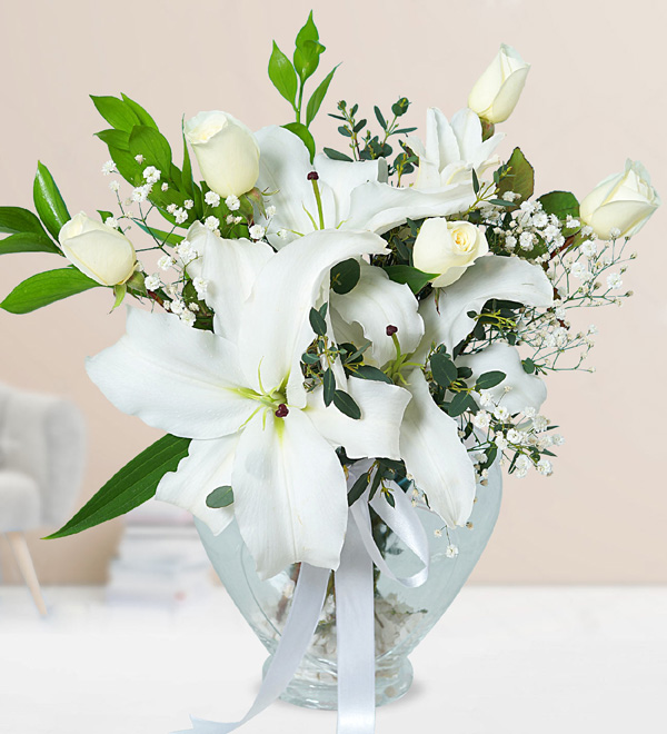 White Roses and Liliums in Heart Vase