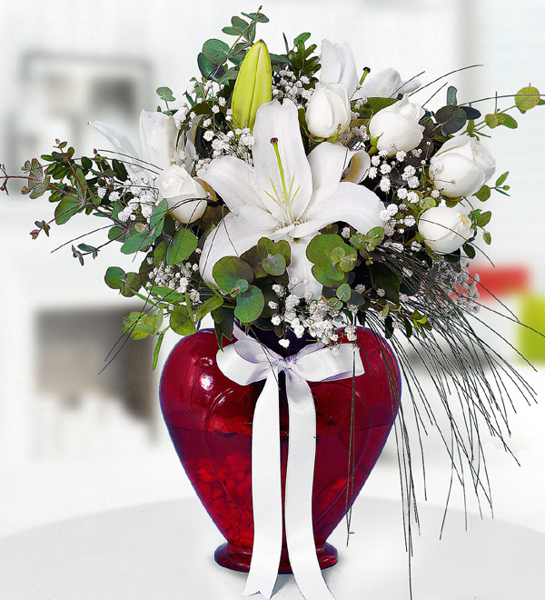 White Roses and Liliums in Red Heart Vase