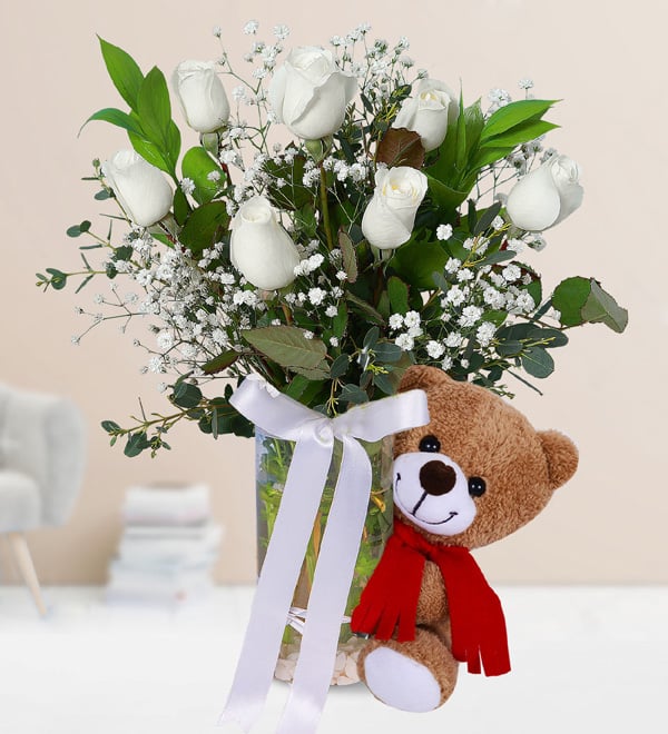 7 White Roses and Teddy Bear