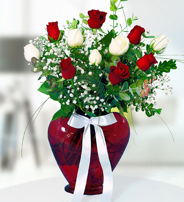 Red and White Roses in Heart Vase